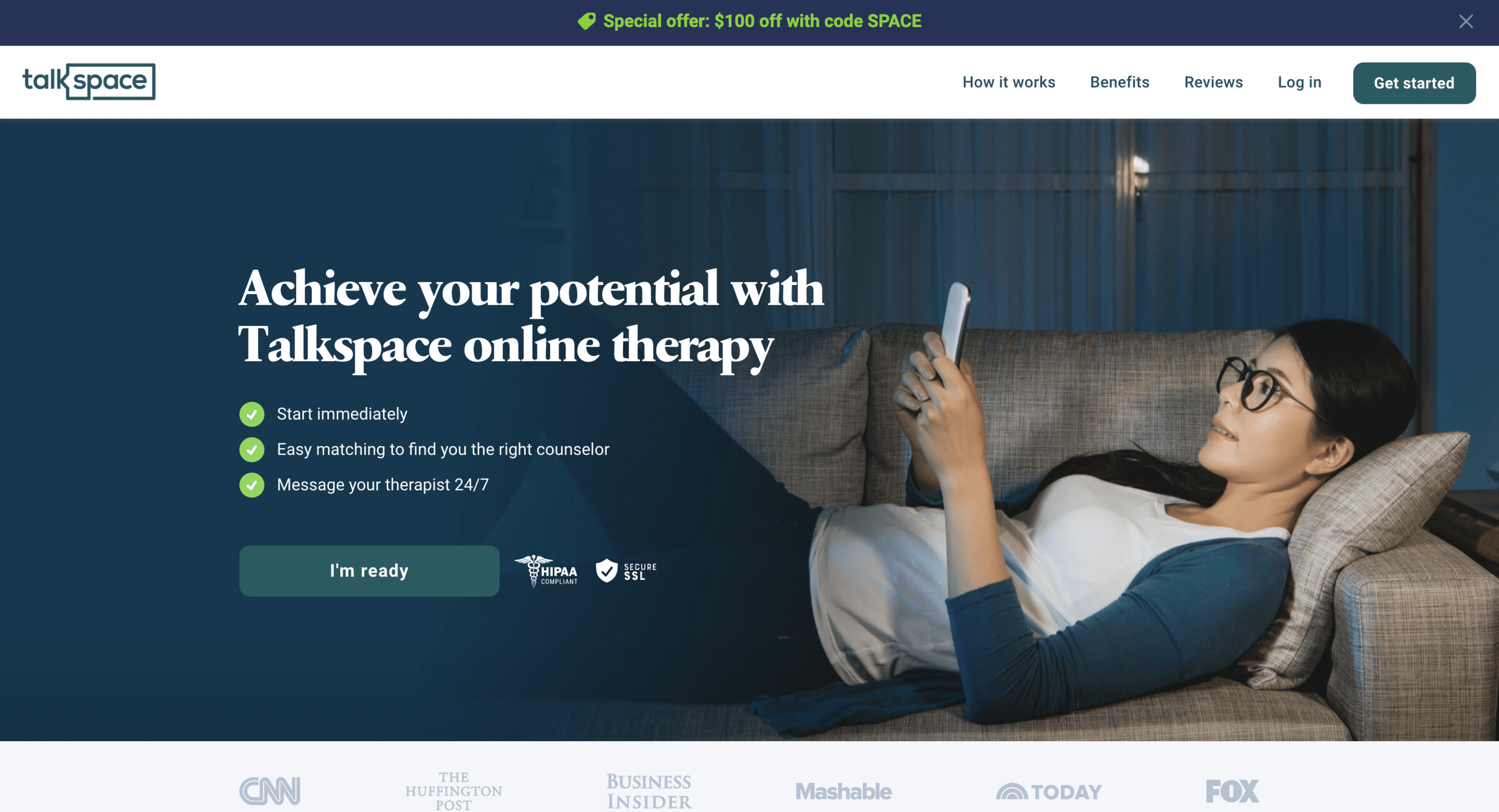 Screenshot of Talkspace Homepage