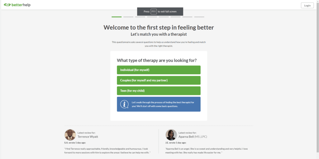 Screen shot of Betterhelp Sign up Process