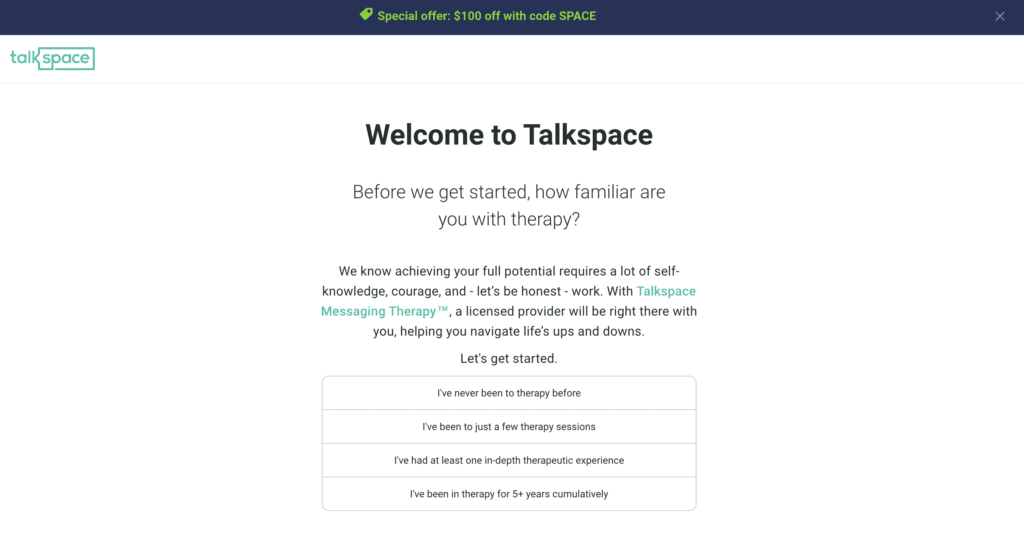 Screen shot of Talkspace Sign up Process